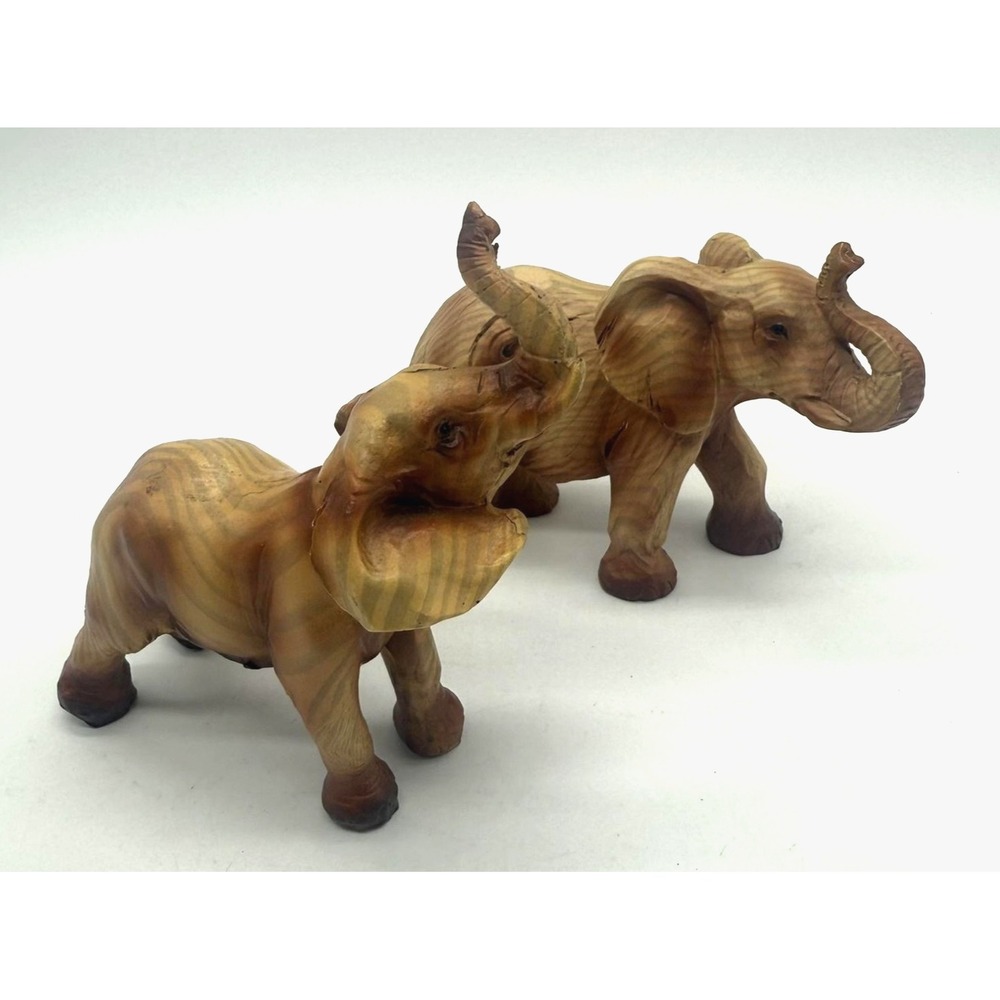 Hand Carved Wood Elephant Figurines Set of 2 Trunk Up Small Animal Statues Decor
